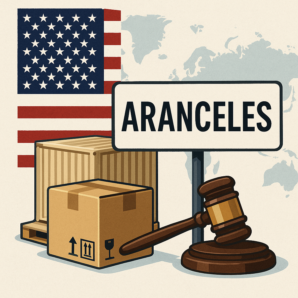 Ilustración sobre los aranceles de Trump ecommerce en EE. UU. con bandera americana, cajas de comercio y mazo judicial