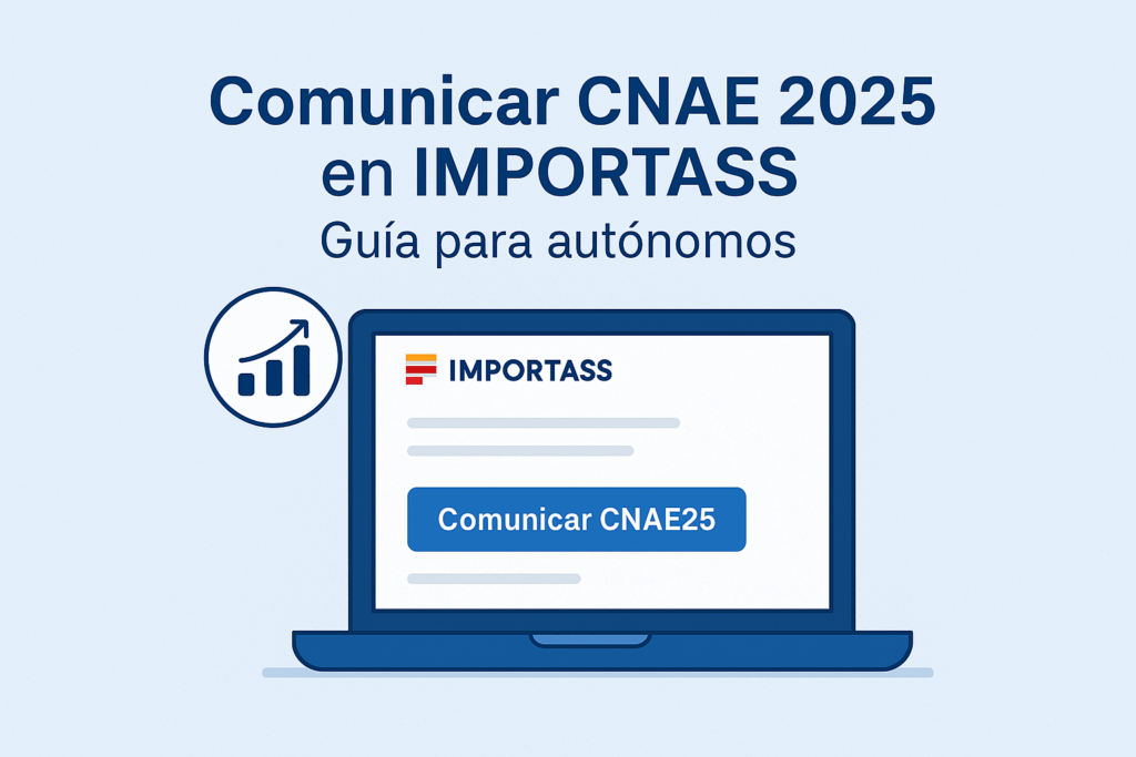 Ilustración de una guía para comunicar el CNAE 2025 en IMPORTASS, con ordenador portátil y botón “Comunicar CNAE25”
